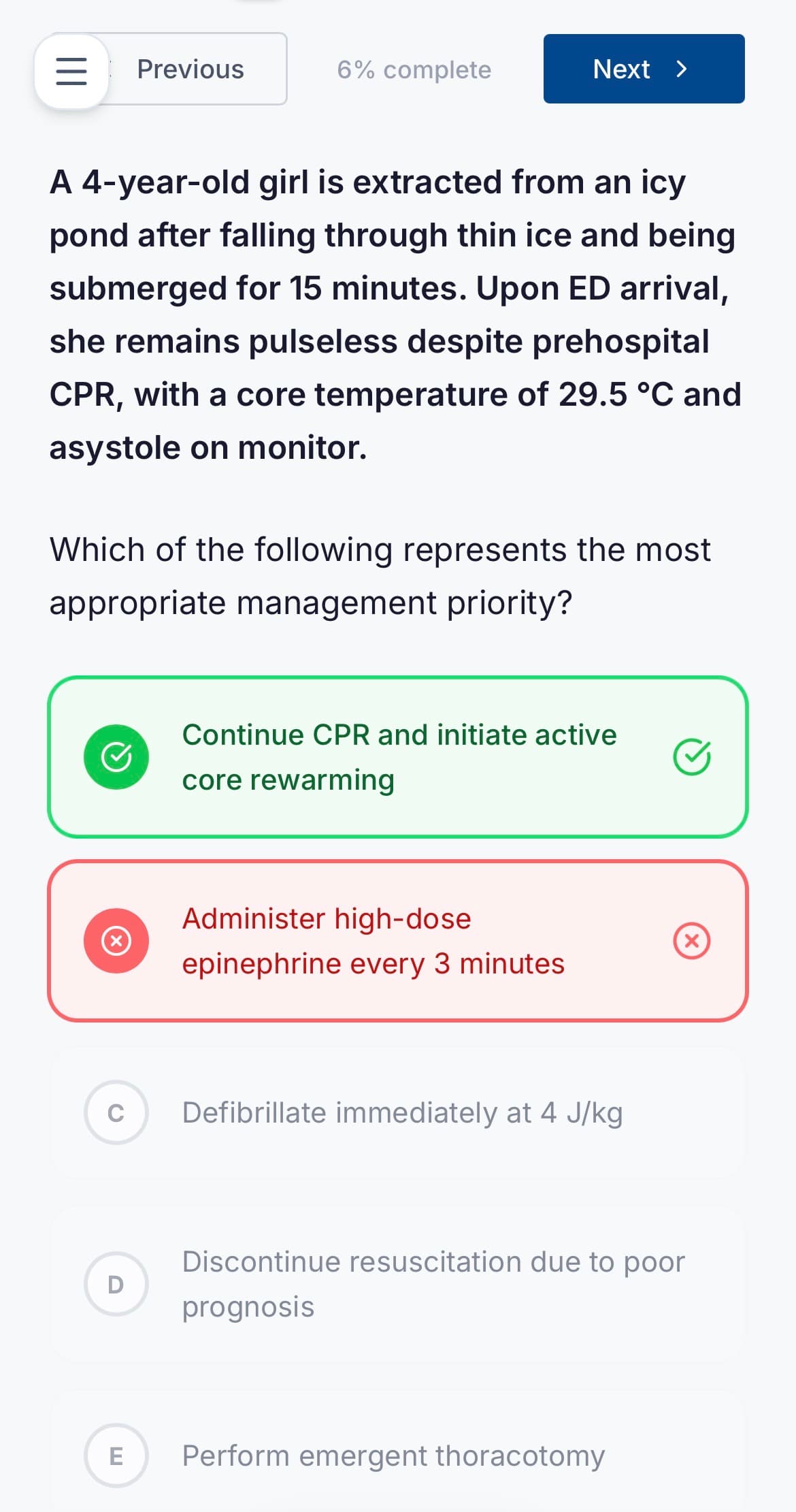 A QBankPrep clinical question on mobile showing correct and incorrect answer feedback