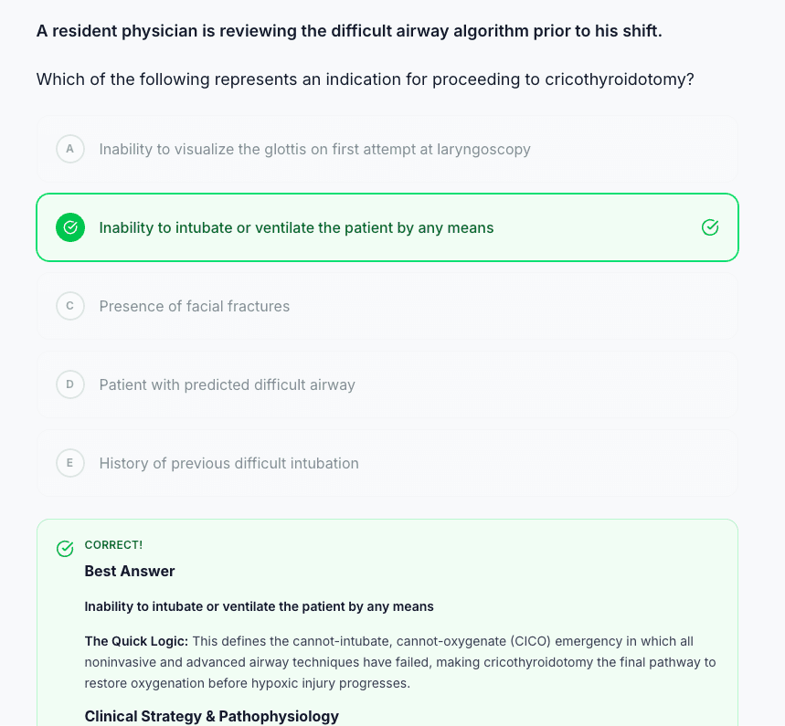A real QBankPrep question with the correct answer highlighted and its explanation